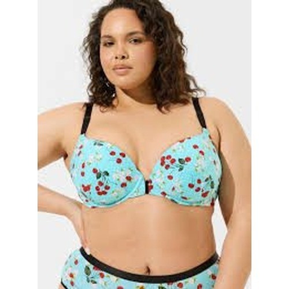 Torrid Perfect T-Shirt Bra 44D Green Polka Dot Cherry Blossom‎ Front Closure